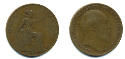 Великобритания 1 пенни 1909 Эдуард VII (1901-1910) KM 794.2, Spink 3990 бронза 47-732