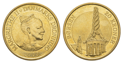Дания 20 крон 2003 Башня Фондовой биржи Борсен, Копенгаген KM 890 алюминиевая бронза UNC 4657-1243