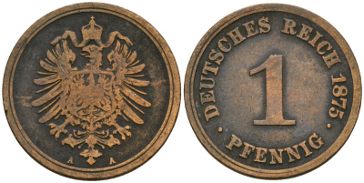 Германия 1 пфенниг 1875 A, Вильгельм I (1871-1888) KM 1, J. 1 медь 4602-142