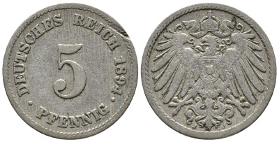 ГЕРМАНИЯ 5 ПФЕННИГОВ 1894 J KM 11, J. 12 медно-никель 39-659