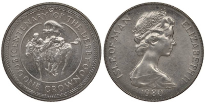 Остров Мэн 1 крона 1980 200 лет дерби, ипподромные скачки KM 63 медно-никель UNC 01-164-35