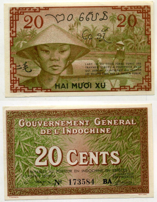 Французский Индокитай 20 центов 1939 Pick 86 c бумага UNC (пресс) 000-00-00