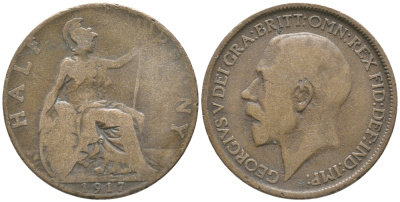 Великобритания 1/2 пенни 1917 Георг V (1910-1936) KM 809, Spink 4056 бронза 34-222