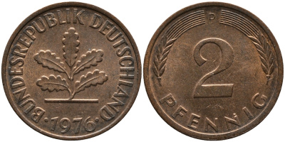 ФРГ 2 ПФЕННИГА 1976 D KM 106а, J.381а сталь плакированная сталь плакированная медьюю 33-236