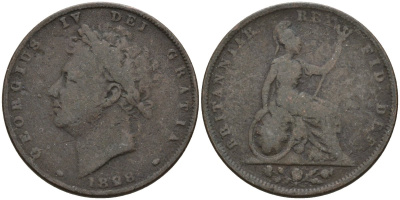 Великобритания 1 фартинг 1828 Георг IV (1820-1830) KM 697, Spink 3825 медь 4146-412