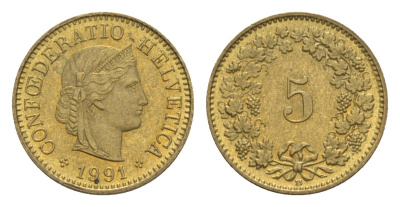 Швейцария 5 раппенов 1991 B KM 26c алюминиевая бронза 4609-255