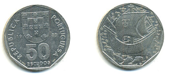 ПОРТУГАЛИЯ 50 ЭСКУДО 1989 КОРАБЛЬ KM 636 медно-никель 54-1323