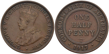 АВСТРАЛИЯ 1/2 ПЕННИ 1917 ГЕОРГ V KM 22 бронза 67-1213