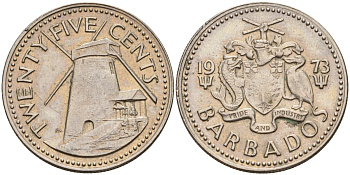 Барбадос 25 центов 1973 ветряная мельница Моргана Льюиса KM 13 медно-никель 4143-447