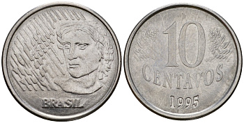 Бразилия 10 сентаво 1995 голова свободы KM 633 нержавеющая сталь 219-1112