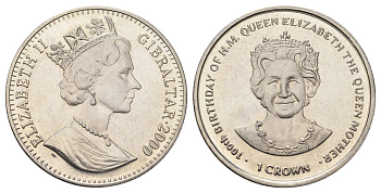 Гибралтар 1 крона 2000 100 лет со дня рождения Королевы-матери KM 882 медно-никель BU 1524-1945