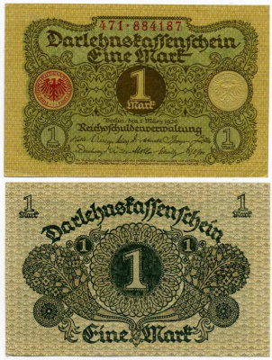 ГЕРМАНИЯ 1 МАРКА 1920 1 МАРТА 1920, ВЕЙМАРСКАЯ РЕСПУБЛИКА Pick 58, Rosenberg 64 бумага 8613-3-1-1