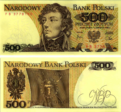 Польша 500 злотых 1982 Тадеуш Костюшко Pick 145 d бумага UNC (пресс) 8607-78-2-1