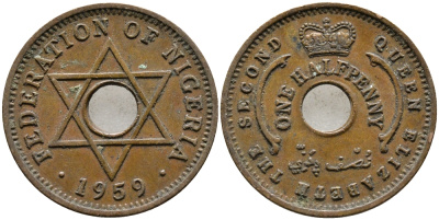 Нигерия 1/2 пенни 1959 Елизавета II (1952-), Британский протекторат KM 1 бронза 4387-216