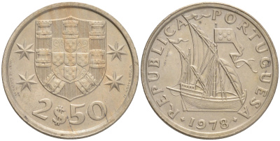 ПОРТУГАЛИЯ 2,5 ЭСКУДО 1978 ПАРУСНИК KM 590 медно-никель 192-813