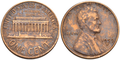 США 1 цент 1959 D, Авраам Линкольн KM 201 медь цинк 188-253