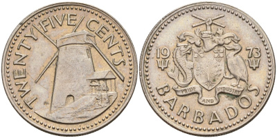 Барбадос 25 центов 1973 ветряная мельница Моргана Льюиса KM 13 медно-никель 4143-447