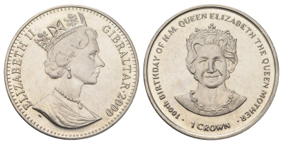 Гибралтар 1 крона 2000 100 лет со дня рождения Королевы-матери KM 882 медно-никель BU 1524-1945