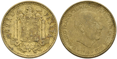 Испания 1 песета 1966 (69) Франсиско Франко (1939-1975) KM 796 алюминиевая бронза 4604-347