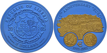 Либерия 5 долларов 2005 10 лет евро, страны еврозоны, Монако, с сертификатом, би-колор (два цвета), вес 7,78 гр., диаметр 35 мм. KM 868 ниобий  UNC  1084-9-42