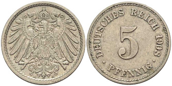 Германия 5 пфеннигов 1908 A KM 11, Jager 12, Weege 6 медно-никель 100-1116