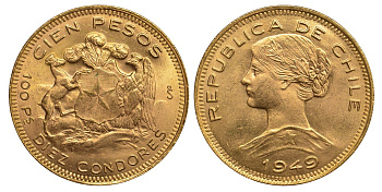 Чили 100 песо 1949 KM 175 золото UNC 00-000-00