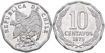 Чили 10 сентаво 1979 KM 205a алюминий 4402-445