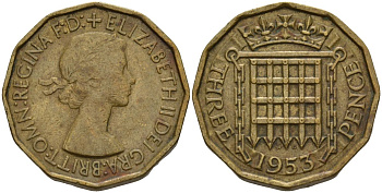 Великобритания 3 пенса 1953 Елизавета II (1952-2022) KM 886, Spink 4152 никель латунь 4153-731