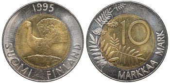 ФИНЛЯНДИЯ 10 МАРОК 1995 ГЛУХАРЬ KM 77 биметалл UNC 3334-841