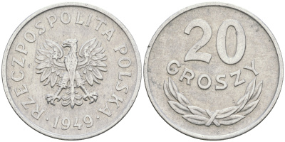 Польша 20 грошей 1949 KM 43а, Parchimowicz 207b алюминий 08-921