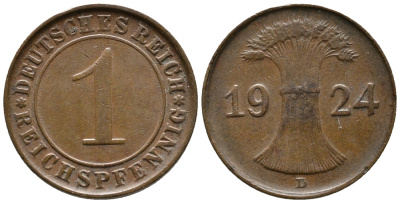 ГЕРМАНИЯ 1 РЕЙХСПФЕННИГ 1924 D KM 37, J. 313 бронза 39-846