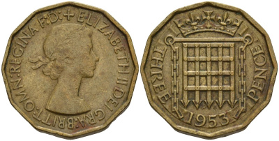 Великобритания 3 пенса 1953 Елизавета II (1952-2022) KM 886, Spink 4152 никель латунь 4153-731