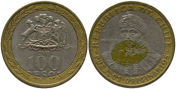 Чили 100 песо 2003 So KM 236, Schon 84 биметалл 4543-1224