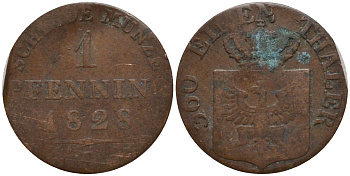Пруссия 1 пфенниг 1828 D, Фридрих Вильгельм III (1797-1840) KM 405 медь 4549-321