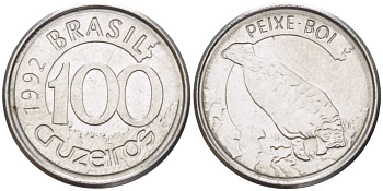 БРАЗИЛИЯ 100 КРУЗЕЙРО 1992 РЕФОРМА 1990-1993, ЛАМАНТИН KM 623 нержавеющая сталь 4387-733