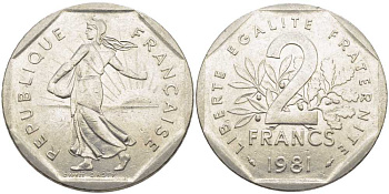 ФРАНЦИЯ 2 ФРАНКА 1981 СЕЯТЕЛЬ KM 942.1, LE FRANC 272.5 никель 111-1115