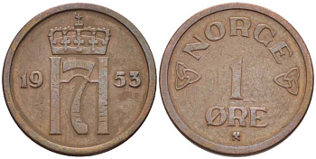 НОРВЕГИЯ 1 ЭРЕ 1953 ХОКОН VII (1905-1957) KM 398 бронза 116-1065