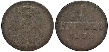 Ганновер 1 пфенниг 1838 B, Эрнст Август (1837-1851) KM 173.2, AKS 127, J. 54 медь 75-827