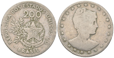 Бразилия 200 реалов 1901 MCMI, голова свободы вправо KM 504 медно-никель 4612-245