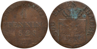 Пруссия 1 пфенниг 1828 D, Фридрих Вильгельм III (1797-1840) KM 405 медь 4549-321