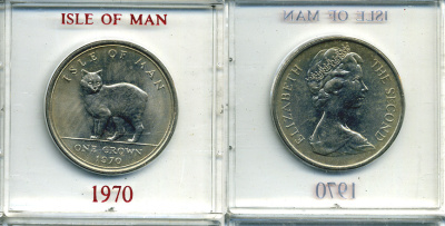 Остров Мэн 1 крона 1970 кошка Мэна, в оригинальной пластиковой коробке KM 18 медно-никель UNC 6-6-1-71