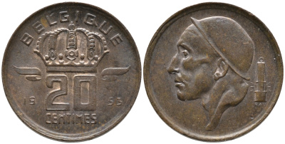 БЕЛЬГИЯ 20 САНТИМОВ 1953 BELGIQUE KM 146 бронза 99-1168