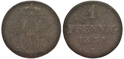 Ганновер 1 пфенниг 1838 B, Эрнст Август (1837-1851) KM 173.2, AKS 127, J. 54 медь 75-827