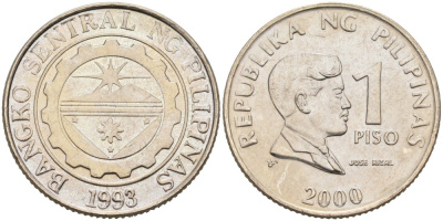 Филиппины 1 писо 2000 Хосе Рицаль KM 269 медно-никель 4556-1153