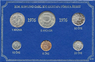 Швеция набор монетного двора из 6 монет 1976 в картоне, Карл XVI Густав (1973- ) KM MS4 UNC 7-5-7-226