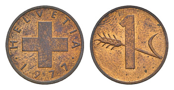 Швейцария 1 раппен 1977 KM 46 бронза UNC 3458-669