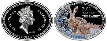 Ниуэ 1 доллар 2011 Год кролика, цветная эмаль, коробка, сертификат KM 510 серебро PROOF 4-3-3-03