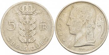 БЕЛЬГИЯ 5 ФРАНКОВ 1967 BELGIQUE KM 134.1 медно-никель 4539-847