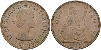 Великобритания 1 пенни 1962 Елизавета II (1952-2022) KM 897, Spink 4157 бронза 4117-615