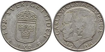 Швеция 1 крона 1988 Карл XVI Густав (1973- ) KM 852a медно-никель 4397-1216